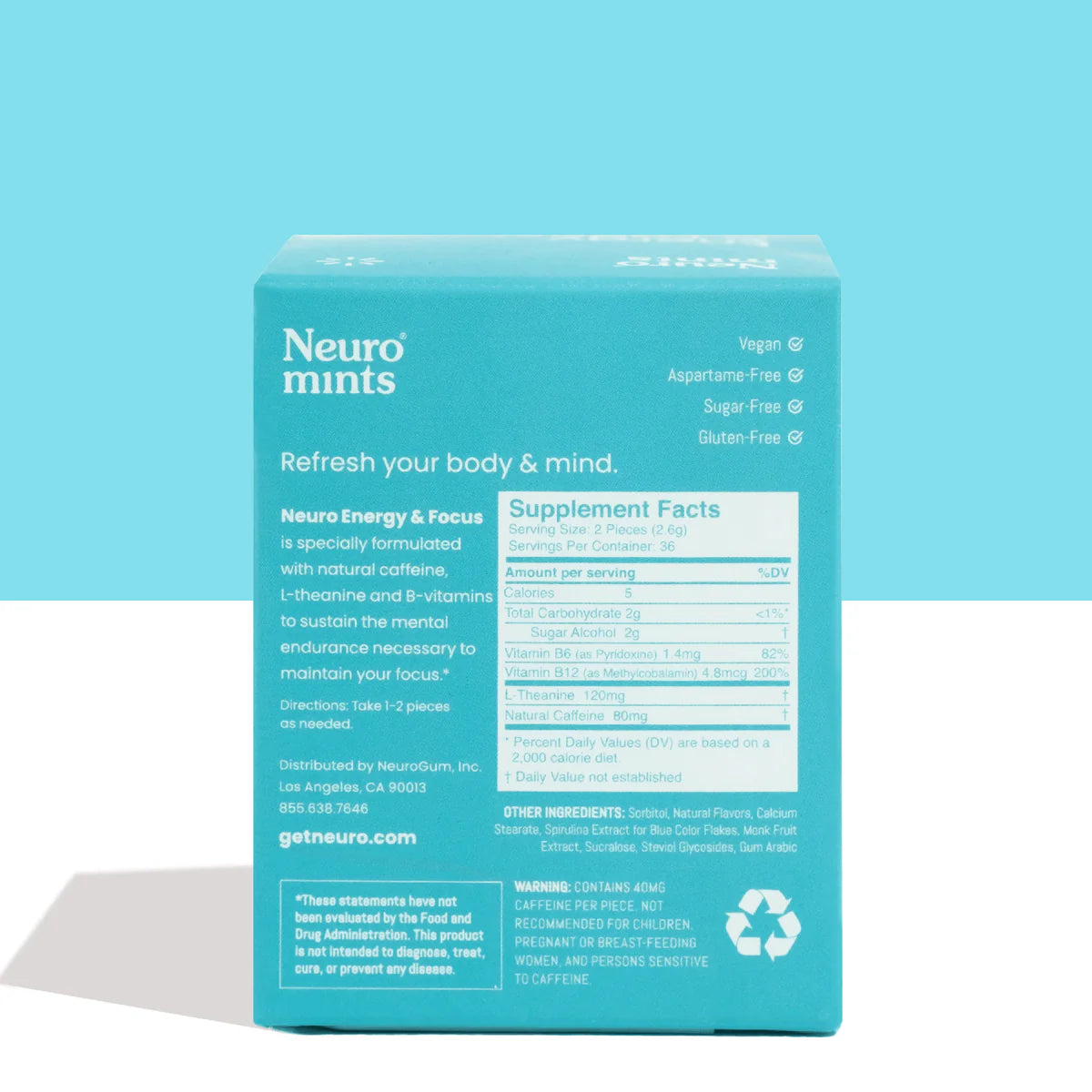 Neuro Energy Caffeine Gum/Mints for Energy & Focus 6 Pack (54 Pieces)- Sugar-Free with L theanine, Caffeine, Vitamin B12 & Vitamin B6 - Peppermint Flavor