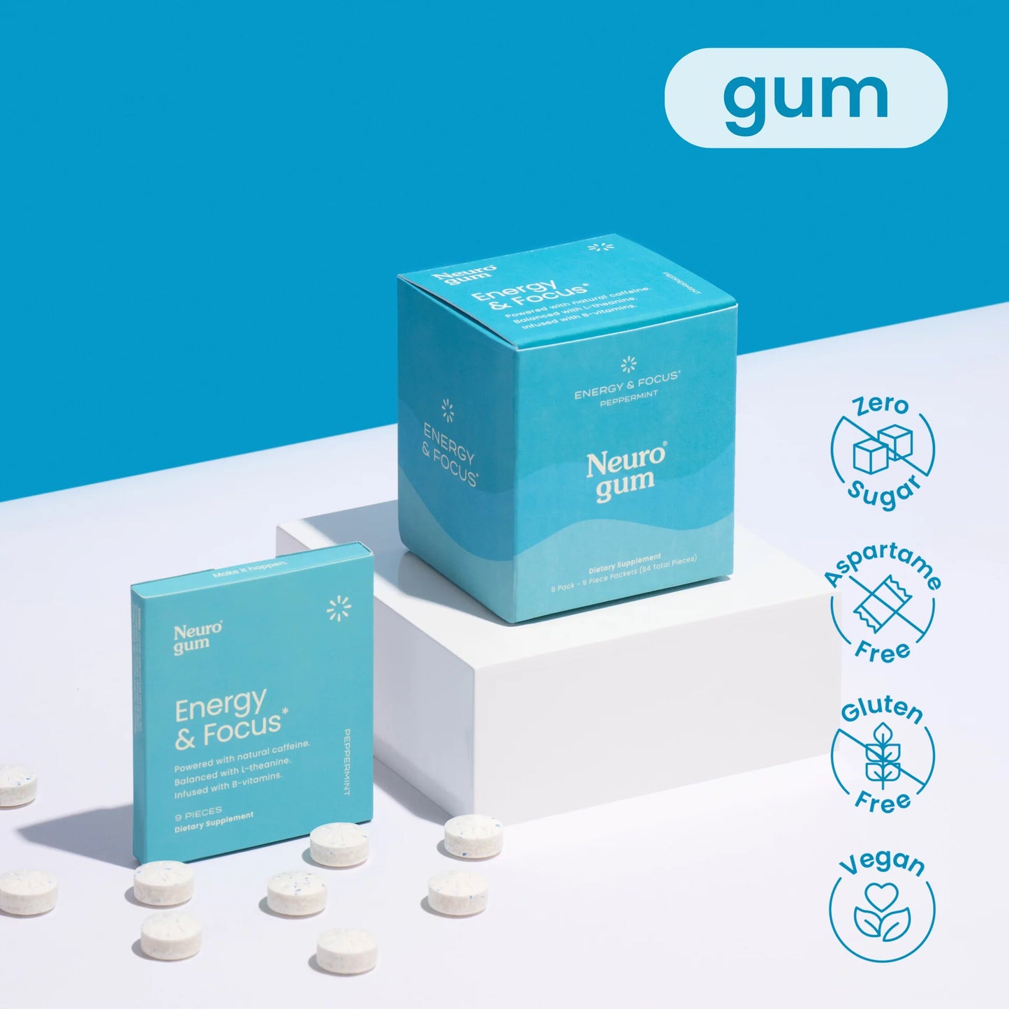 Neuro Energy Caffeine Gum/Mints for Energy & Focus 6 Pack (54 Pieces)- Sugar-Free with L theanine, Caffeine, Vitamin B12 & Vitamin B6 - Peppermint Flavor